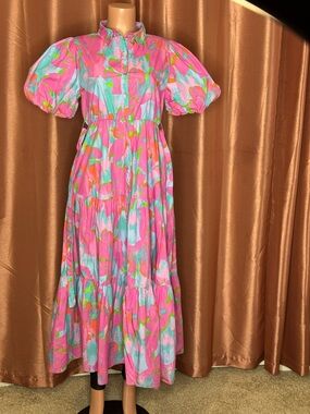 Pink Floral Puff-Sleeve Midi Dress